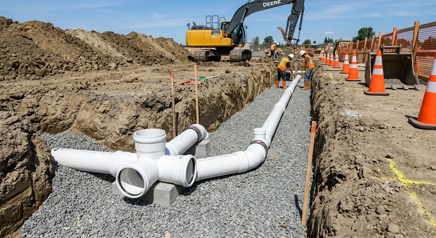 New PVC sewer pipe installation in open trench for Grease Trap Cleaning in Amarillo