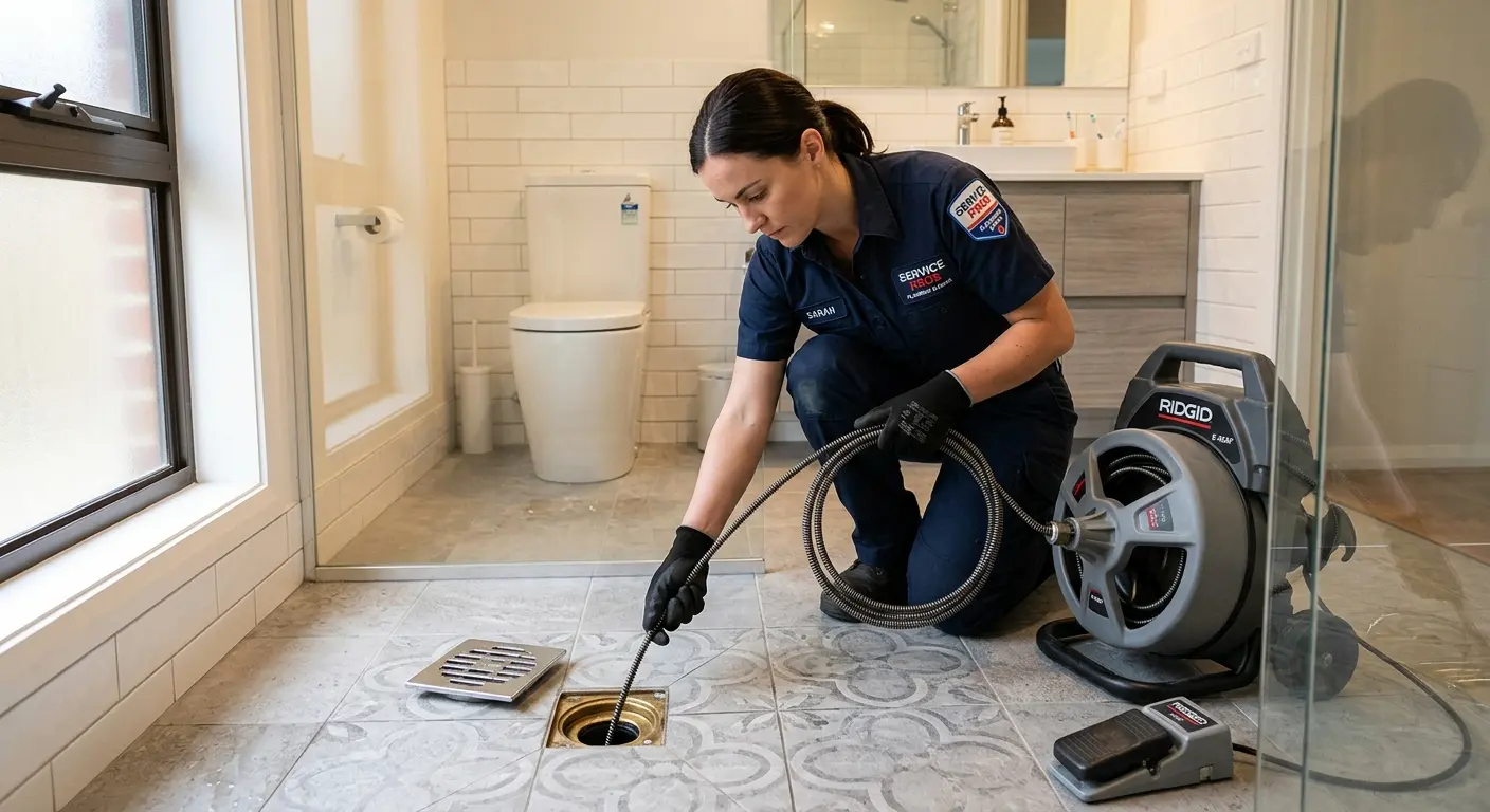 Technician clearing a bathroom floor drain for Hydro Jetting in Amarillo